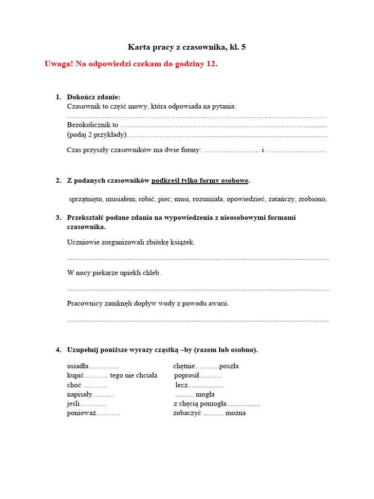 Czasowniki Formy Osobowe I Nieosobowe Karta Pracy Z Czasownika Kl. 5 | PDF