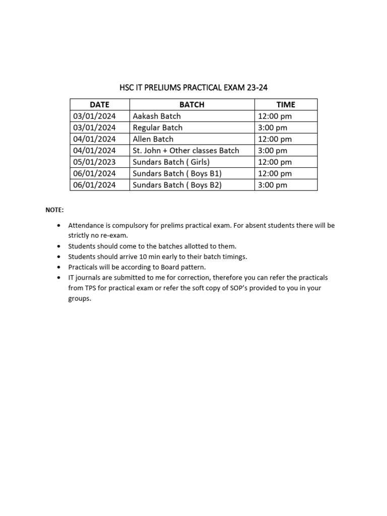 HSC IT Prelims Practical Schedule | PDF