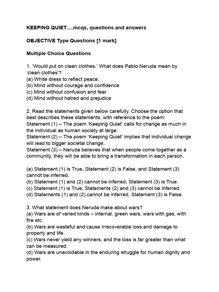 KEEPING QUIET .MCQS, Questions and Answers PDF