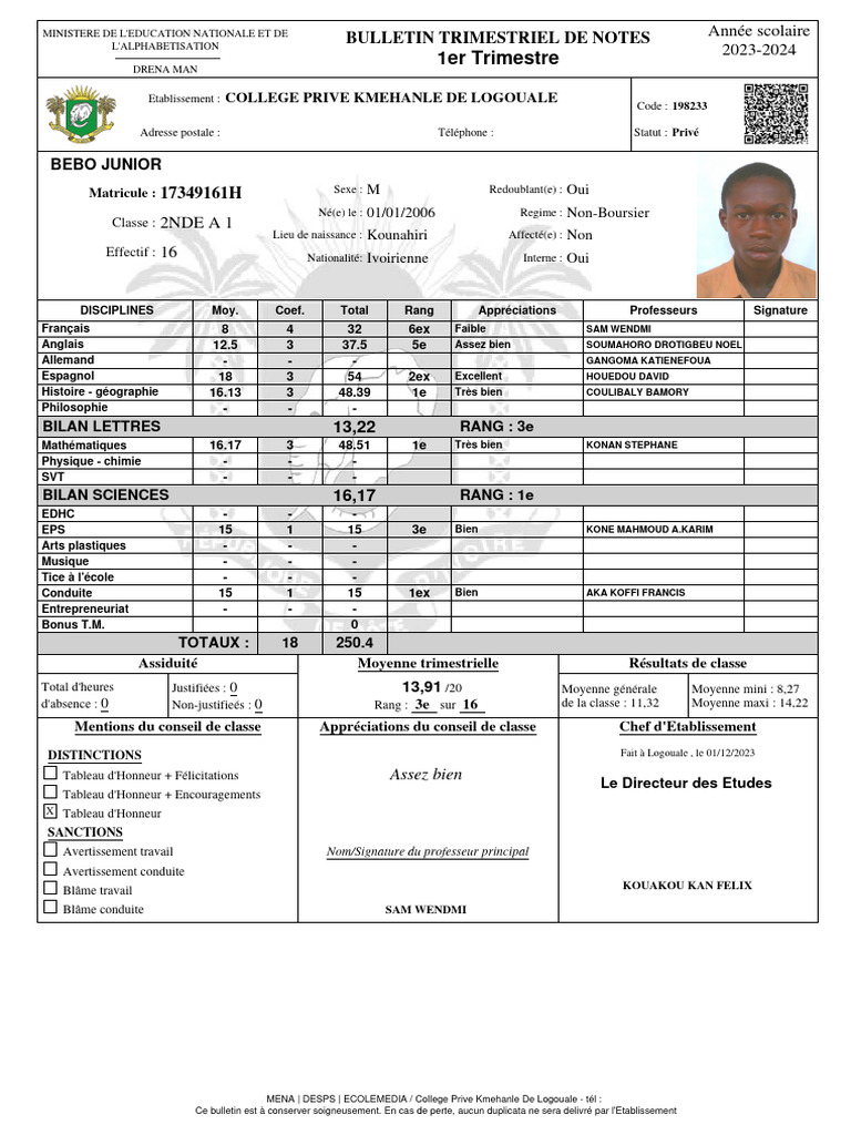 Bulletin Scolaire 2023-2024 RDC | PDF
