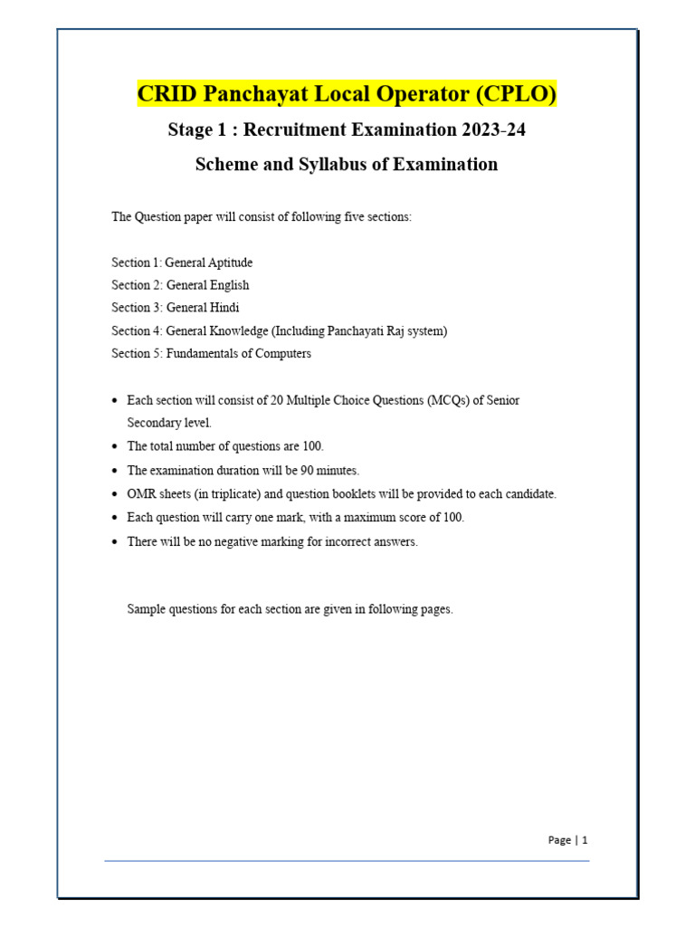 Scheme Syllabus and Sample Question Paper CPLO-HaryanaJobs - in | PDF ...
