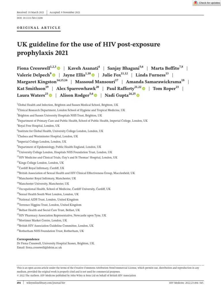 HIV Medicine - 2022 - Cresswell - UK Guideline For The Use of HIV Post ...