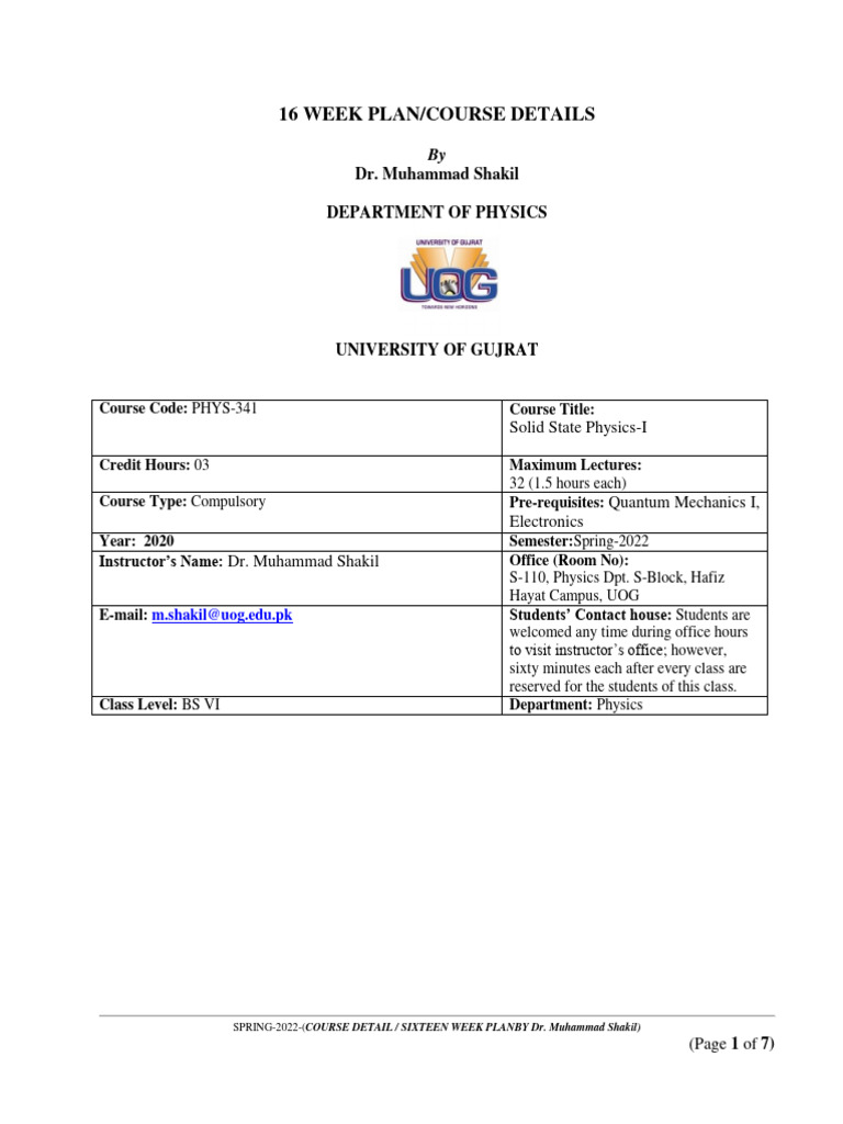 PHYS-341 Solid State Physics Course Plan | PDF