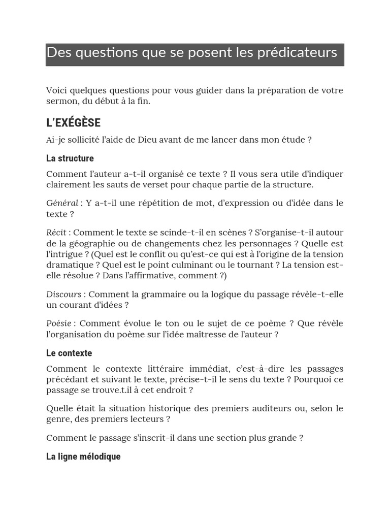 Questions pour Prédicateurs en Préparation | PDF | Développement ...