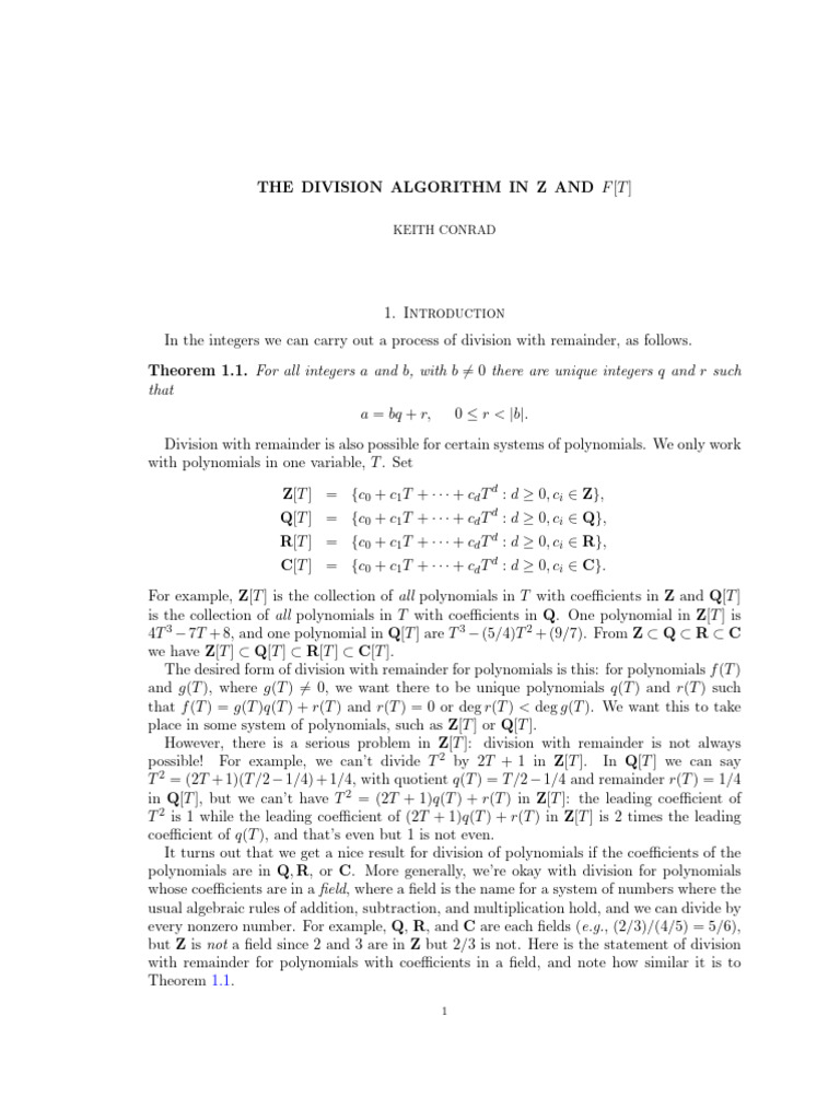 The division algorithm keith conrad pdf mathematics