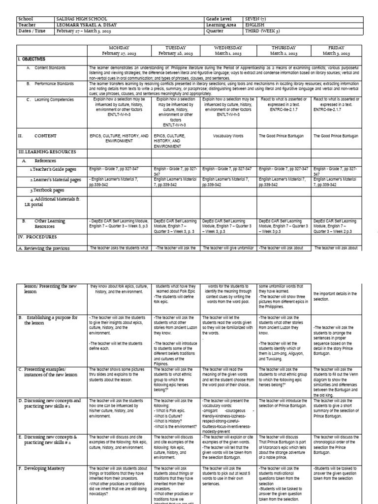 English 7 Week 3 Lesson Plan | PDF | Social Science | Foreign Language ...