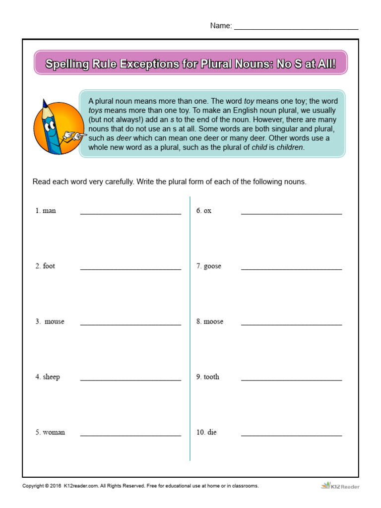Spelling Rule Exceptions For Plural Nouns No S at All | PDF