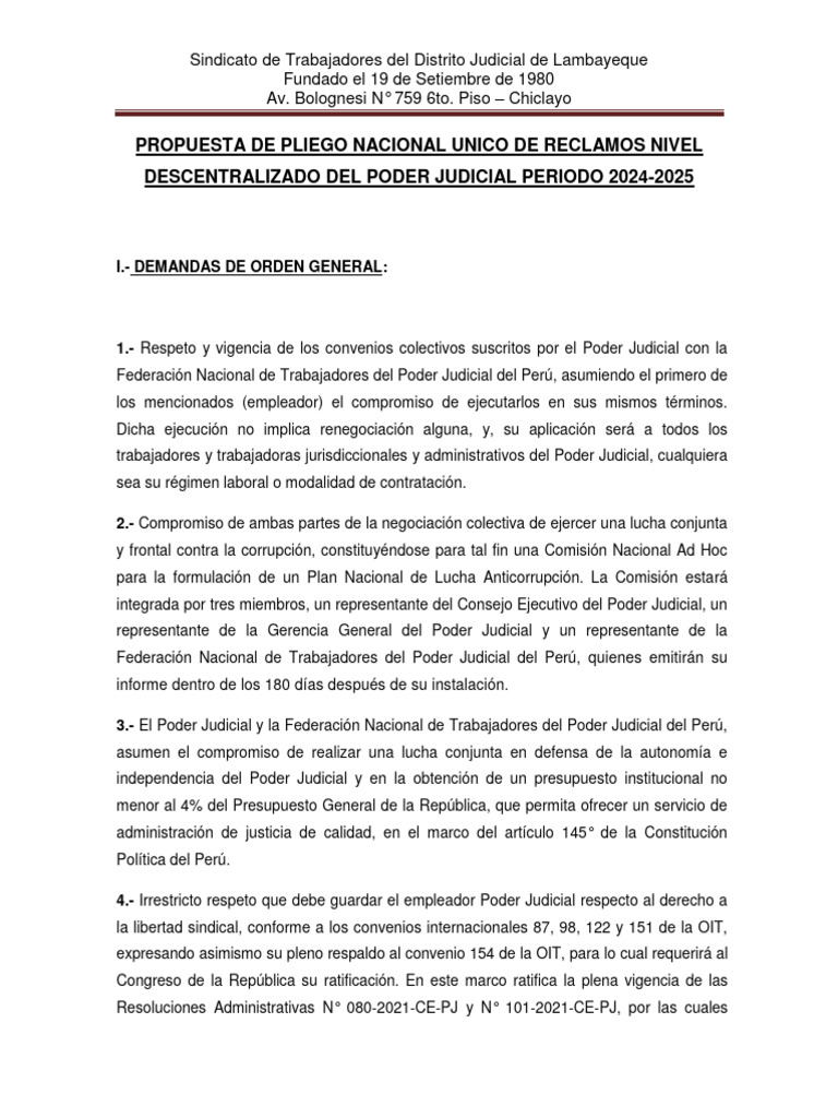 Propuesta de La Base Lambayeque Pliego Nacional Unico de Reclamos