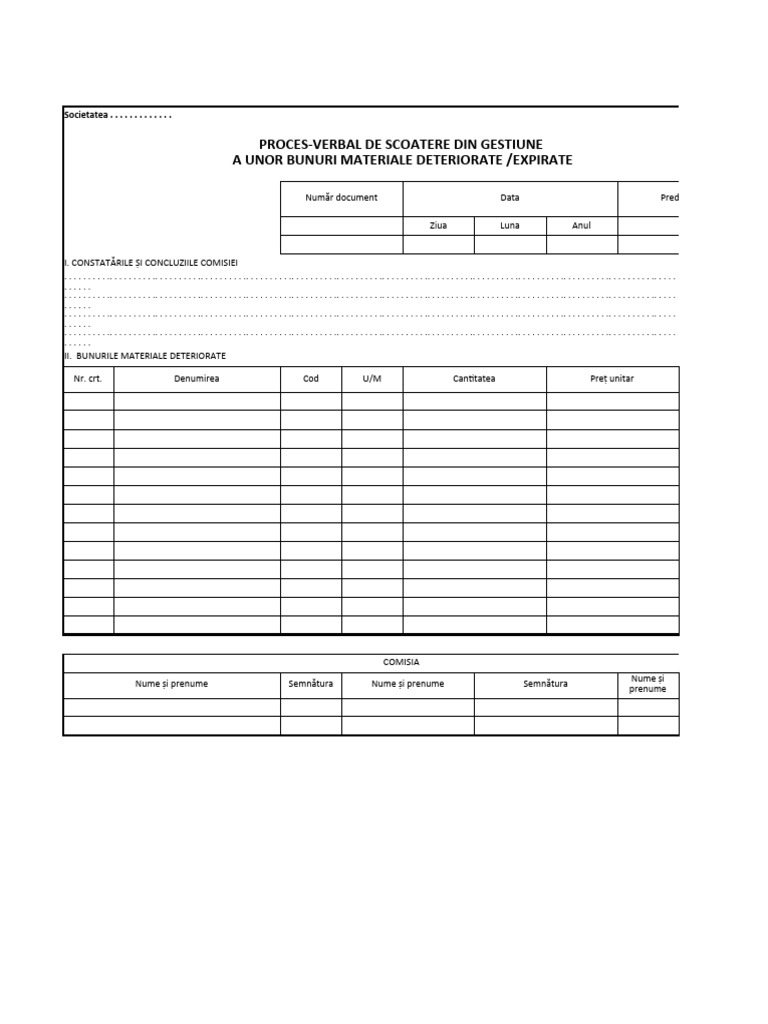 Proces Verbal Scoatere Din Gestiune Deteriorate | PDF