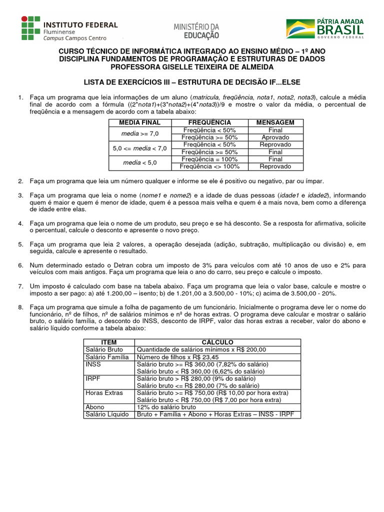 Lista de Exercicios III - Estrutura de Decisão if ELSE | PDF