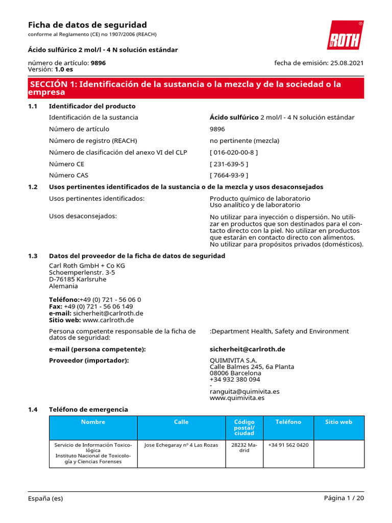 Ficha De Datos De Seguridad cido Sulf rico PDF