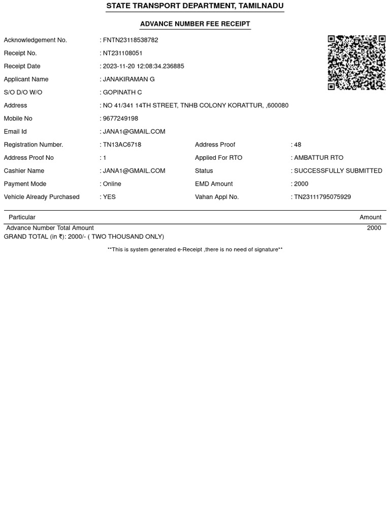 Tamil Nadu RTO Advance Fee Receipt | PDF