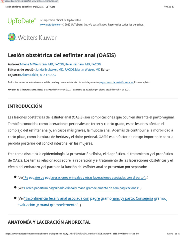 Obstetric Anal Sphincter Injury (OASIS) - UpToDate - En.es | PDF ...