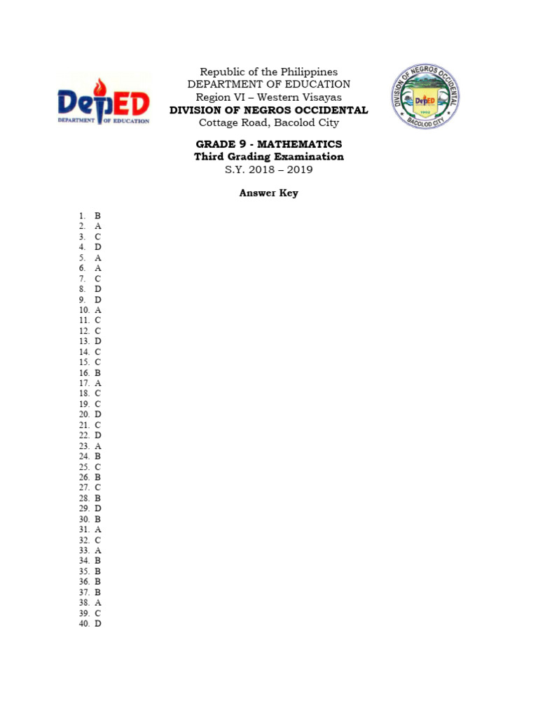 Grade 9 Math Exam Answer Key | PDF