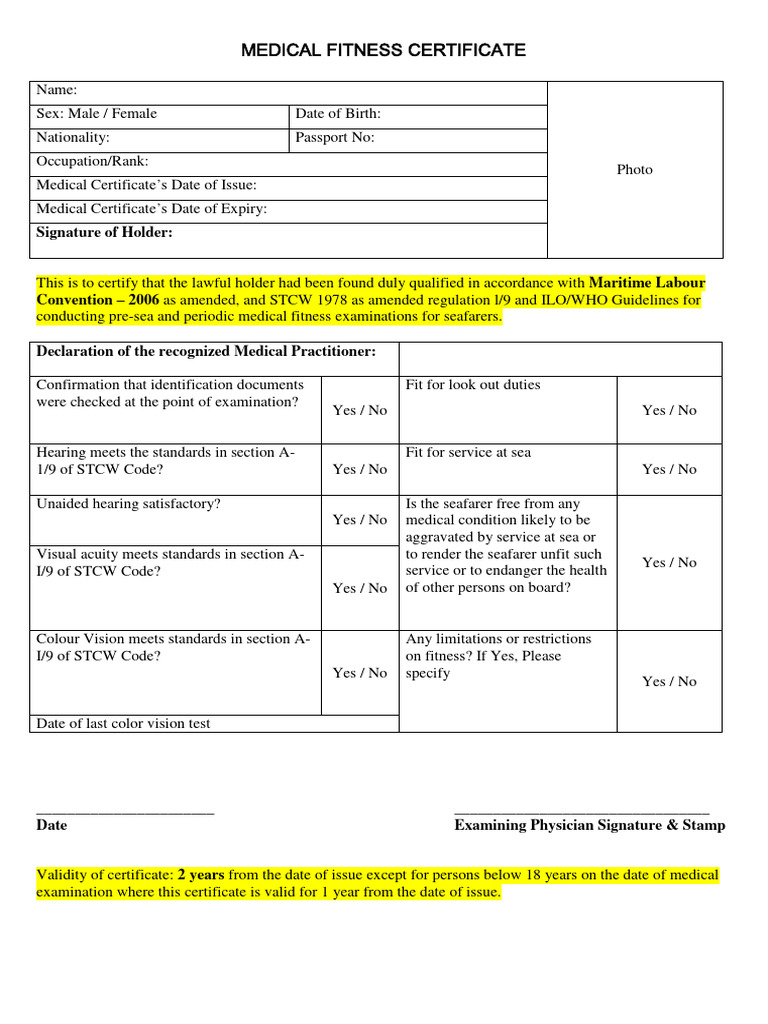 MLC Format - Medical Fitness Certificate | PDF