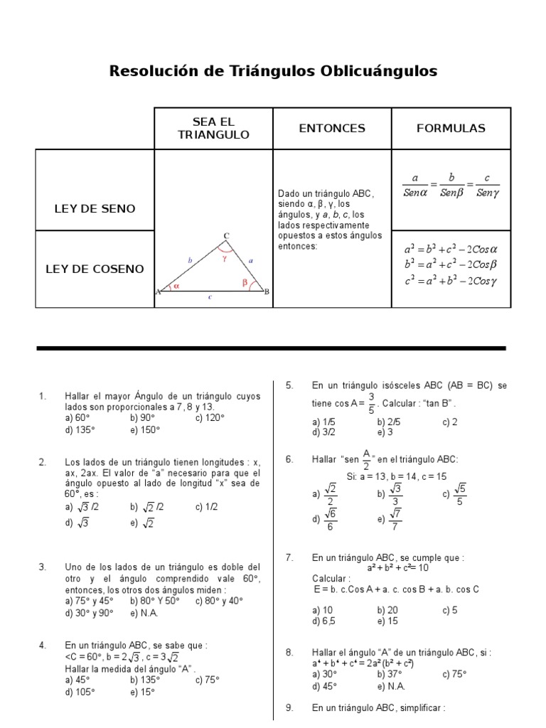 Ley De Senos Y Cosenos Pdf Formas Geometricas Triangulo