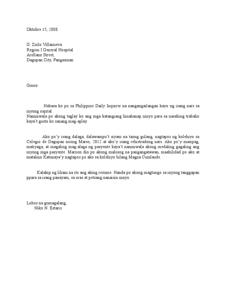 Application Letter Tagalog Pdf