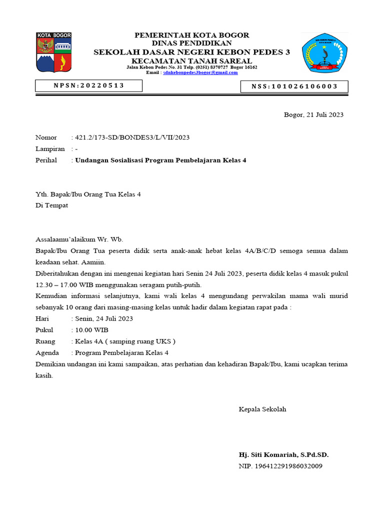 Surat Undangan Rapat Kelas 4 | PDF