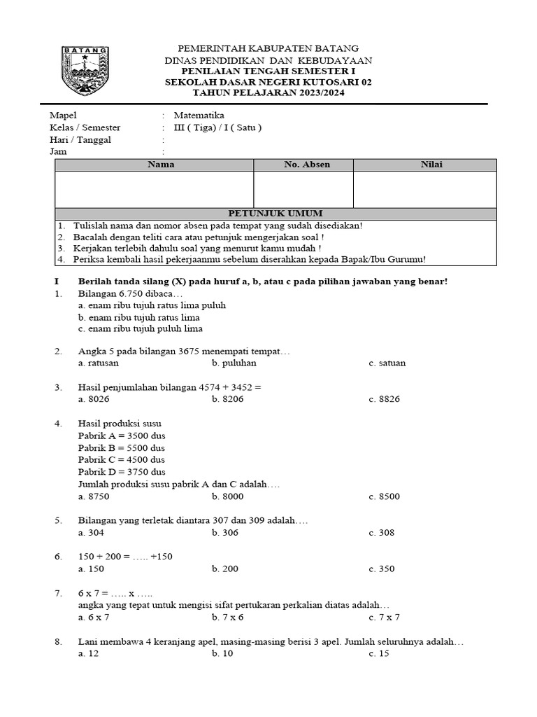 Soal Penilaian Matematika Kelas 3 SD | PDF | Metode & Bahan Ajar