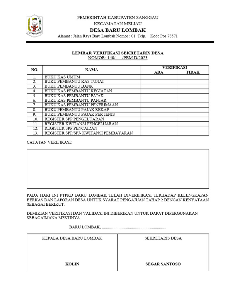 Verifikasi Berkas Dana Desa Baru Lumbak | PDF | Bisnis | Hukum