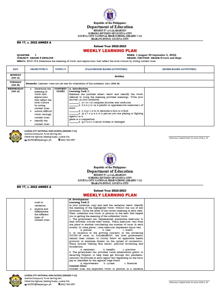 Weekly Learning Plan for Grade 8 English | PDF