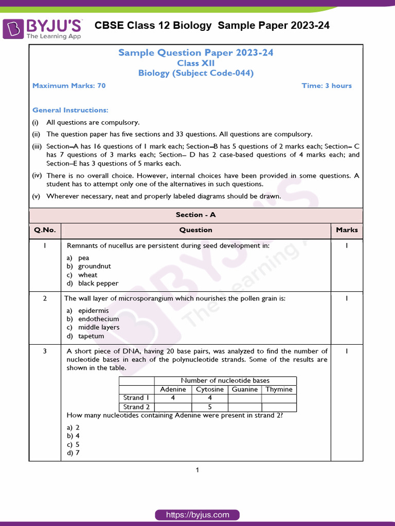 CBSE Class 12 Biology Sample Paper 2023 24 | PDF