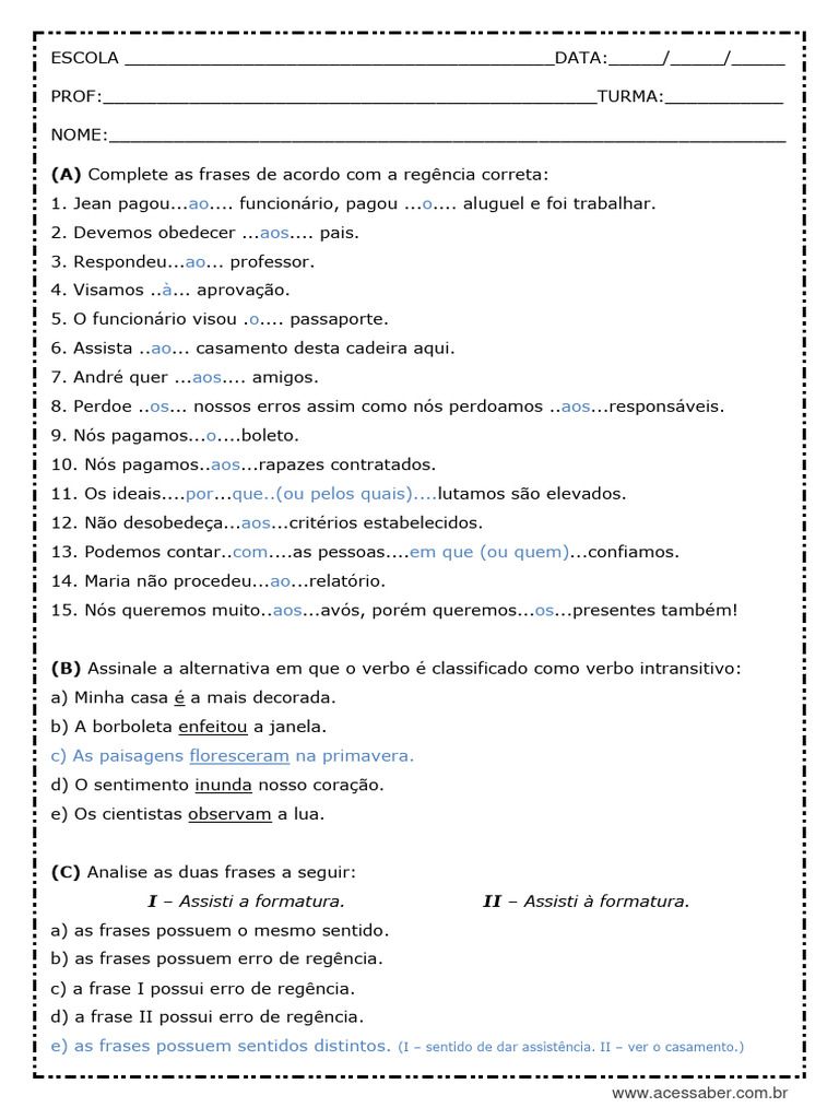 Atividade de Português Regência Verbal 3º Ano Do Ensino Médio Com ...