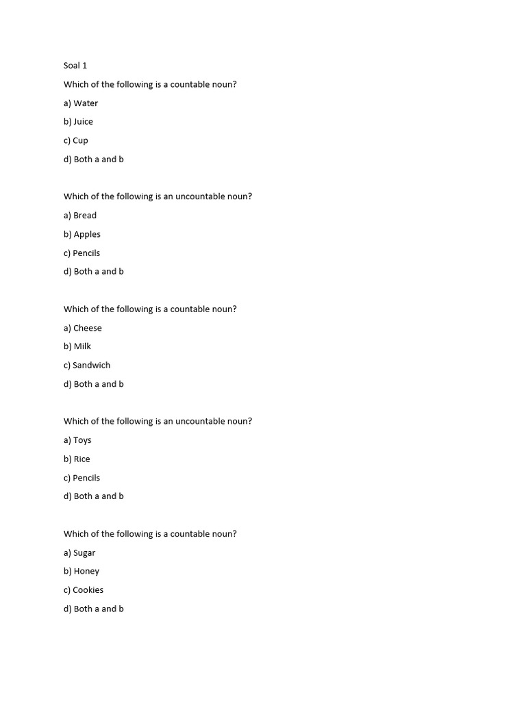SOAL COUNTABLE AND UNCOUNTABLE NOUN TANPA KUNCI | PDF