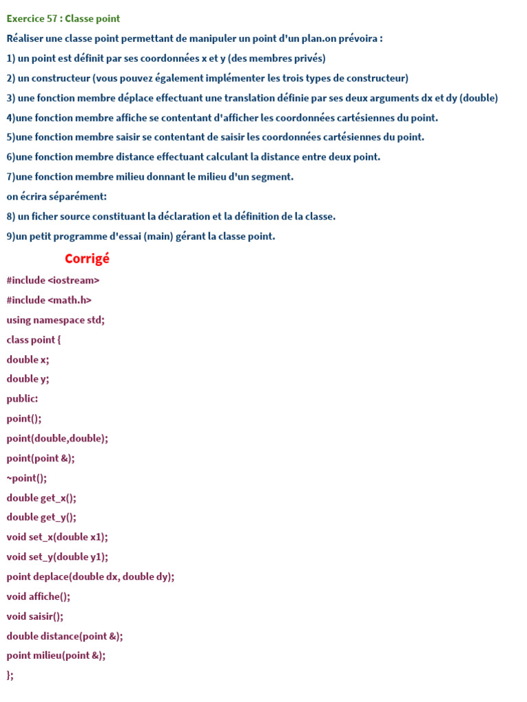 Classe Point en C++ : Exercice Corrigé | PDF