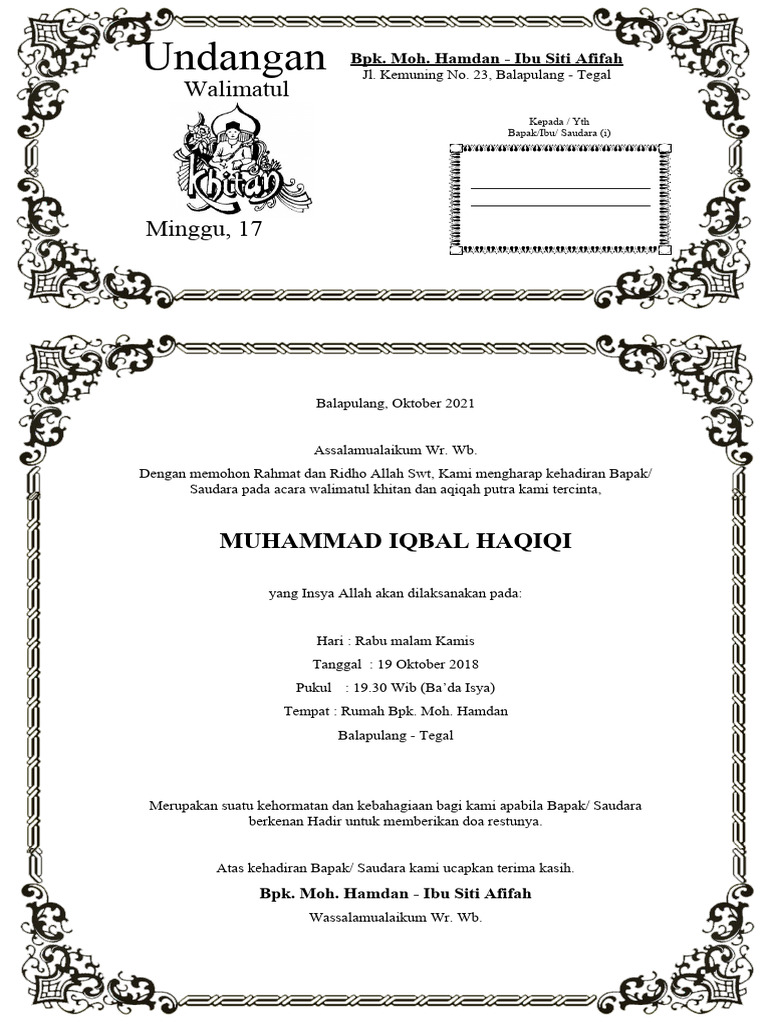 Contoh Undangan Walimatul Khitan | PDF