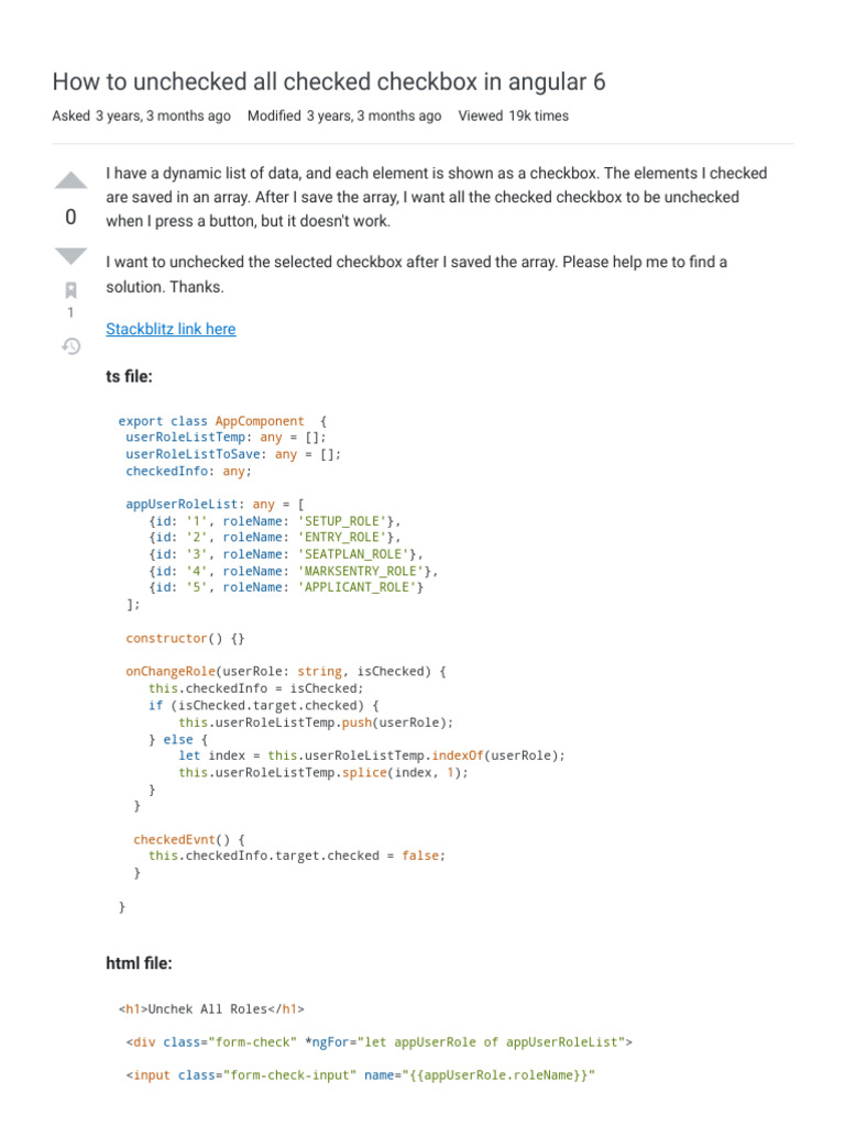 Javascript - How To Unchecked All Checked Checkbox in Angular 6 - Stack ...