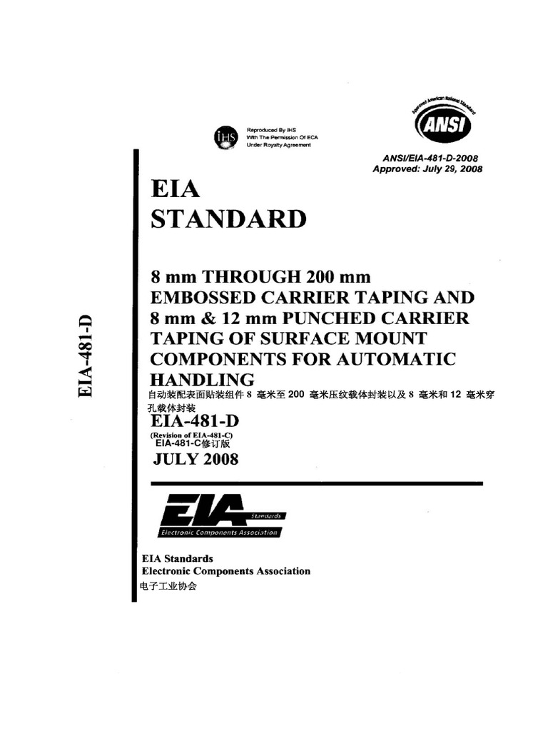 EIA StandardD (EIA 481D) 8mm tape packaging testing PDF