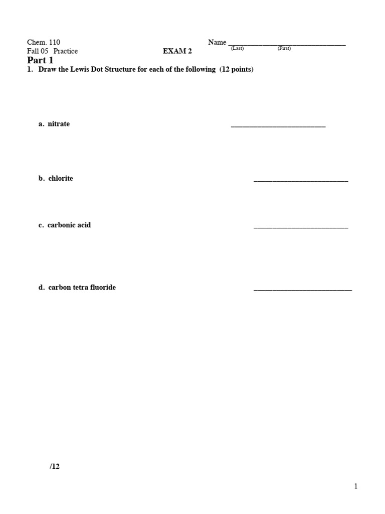 Chem 110 Exam 2 Practice Questions | PDF | Mole (Unit) | Acid