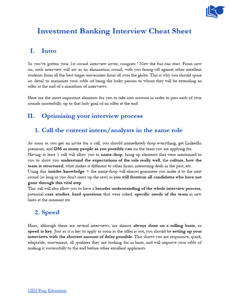 IB Interview Cheat Sheet | PDF