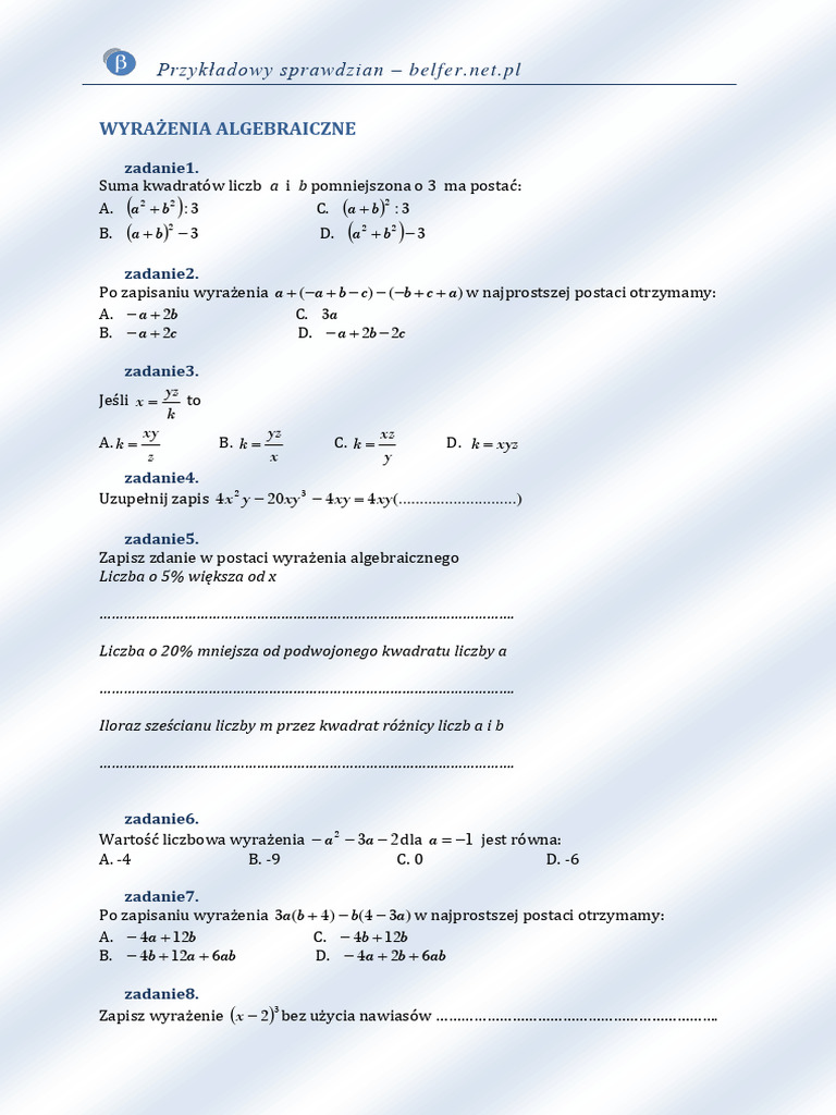Wyrażenia Algebraiczne I Równania Klasa 6 Sprawdzian Pdf Sprawdzian Wyrażenia Algebraiczne | PDF