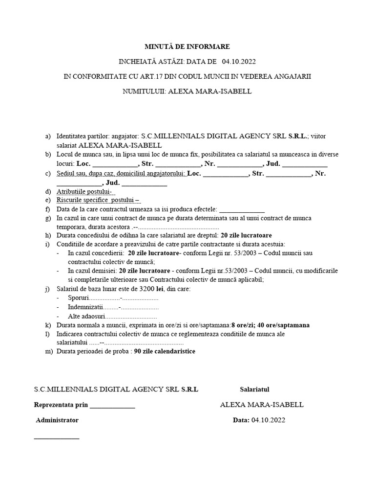 Minuta de Informare Model 2 | PDF