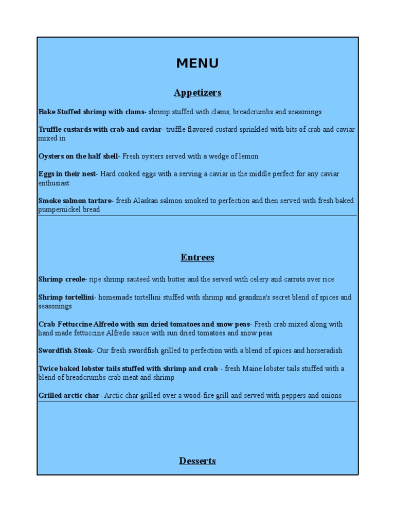 Gourmet Seafood and Dessert Menu | PDF