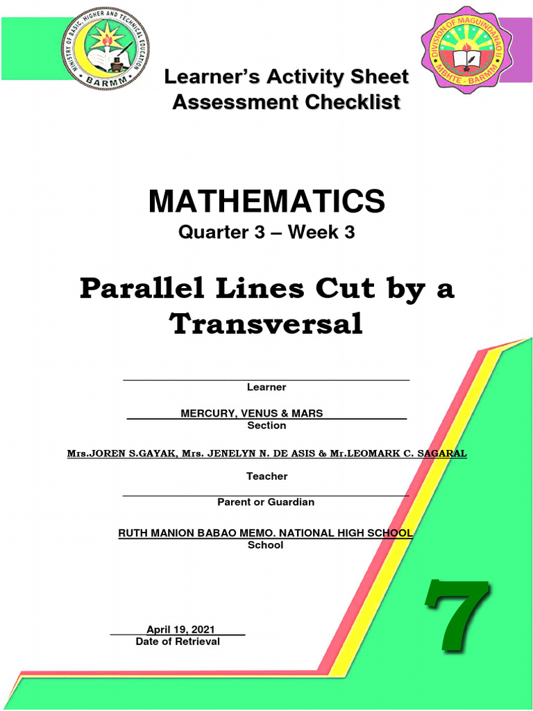 Mathematics Parallel Lines Cut by A Transversal: Learner's Activity ...