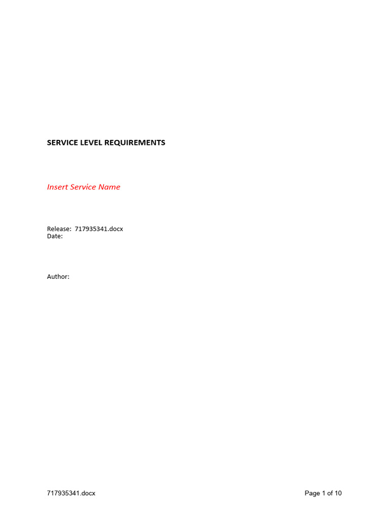 Service Level Requirements Template Download Free PDF Databases