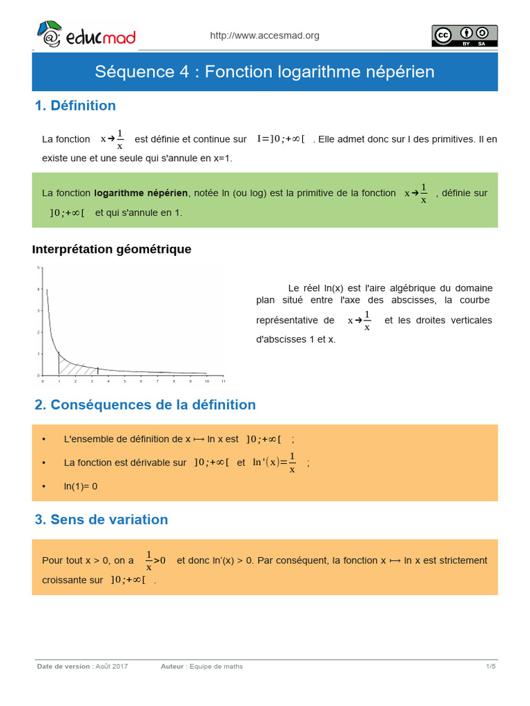 Fonction Logarithme Népérien : Propriétés et Étude | PDF