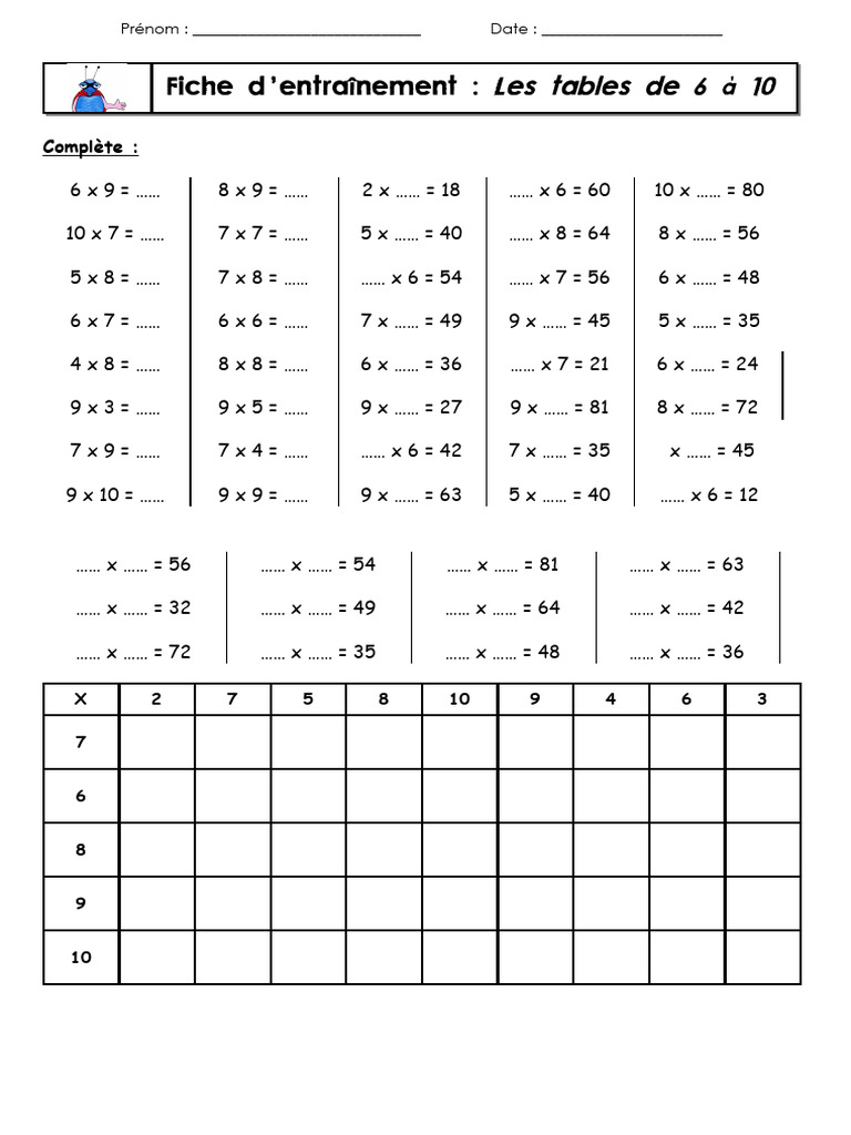 les tables de la multiplication CM1 et CM2 exercices | PDF