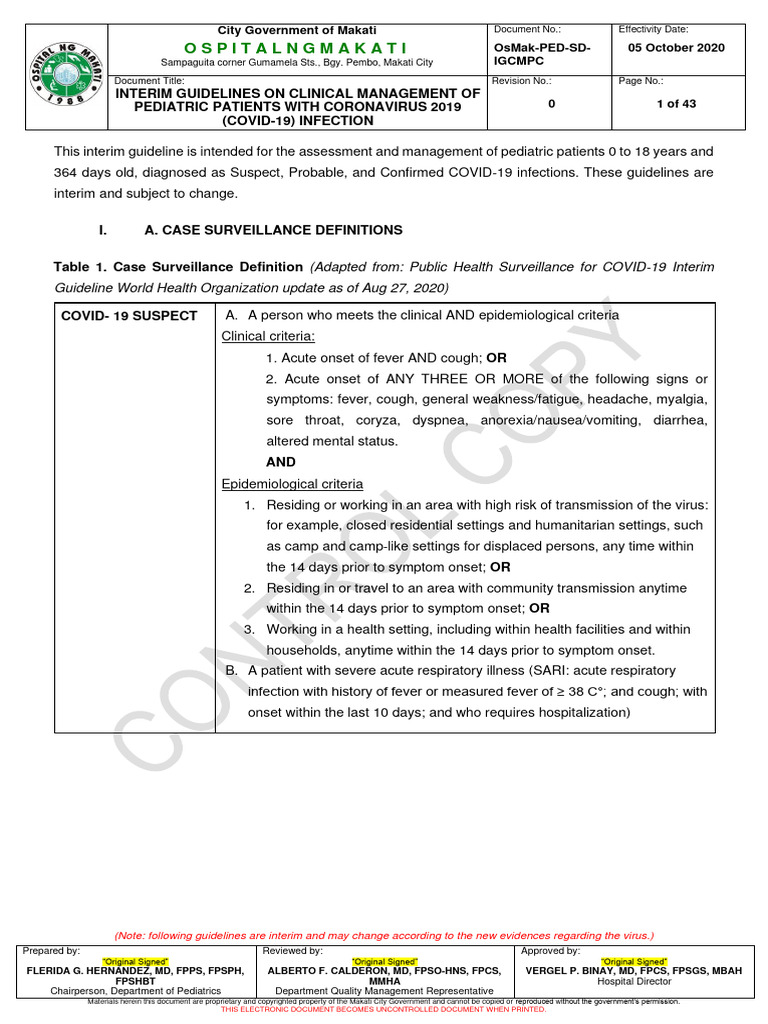 Interim Guidelines On Clinical Management of Pediatric Patients With ...