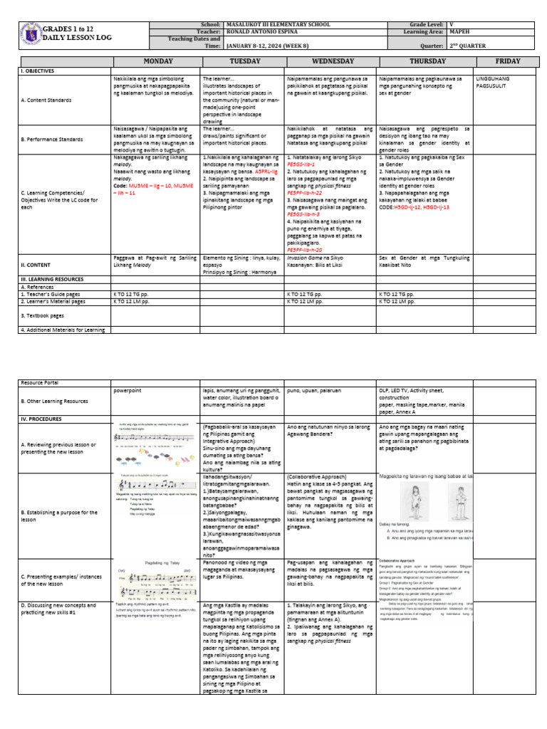 DLL - Mapeh 5 - Q2 - W8 | PDF