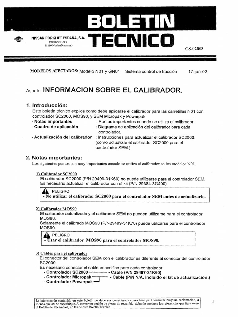 Calibración de Carretillas NISSAN N01 y GN01 | PDF | Conector eléctrico ...