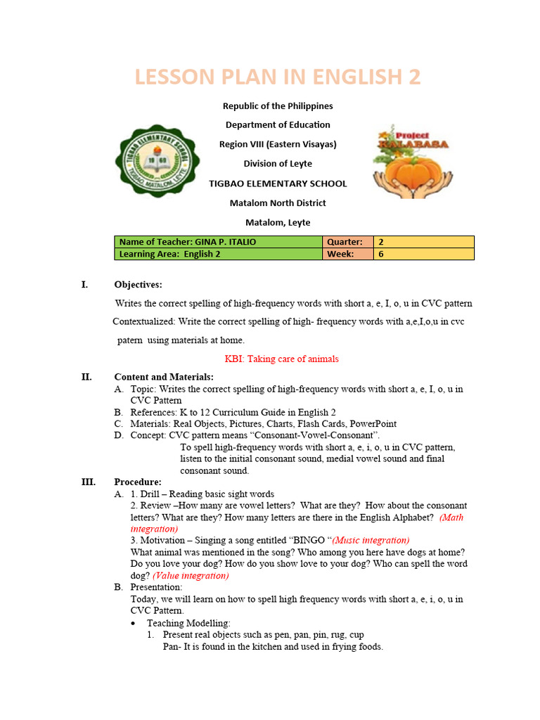 English 2 CVC Pattern Lesson Plan | PDF