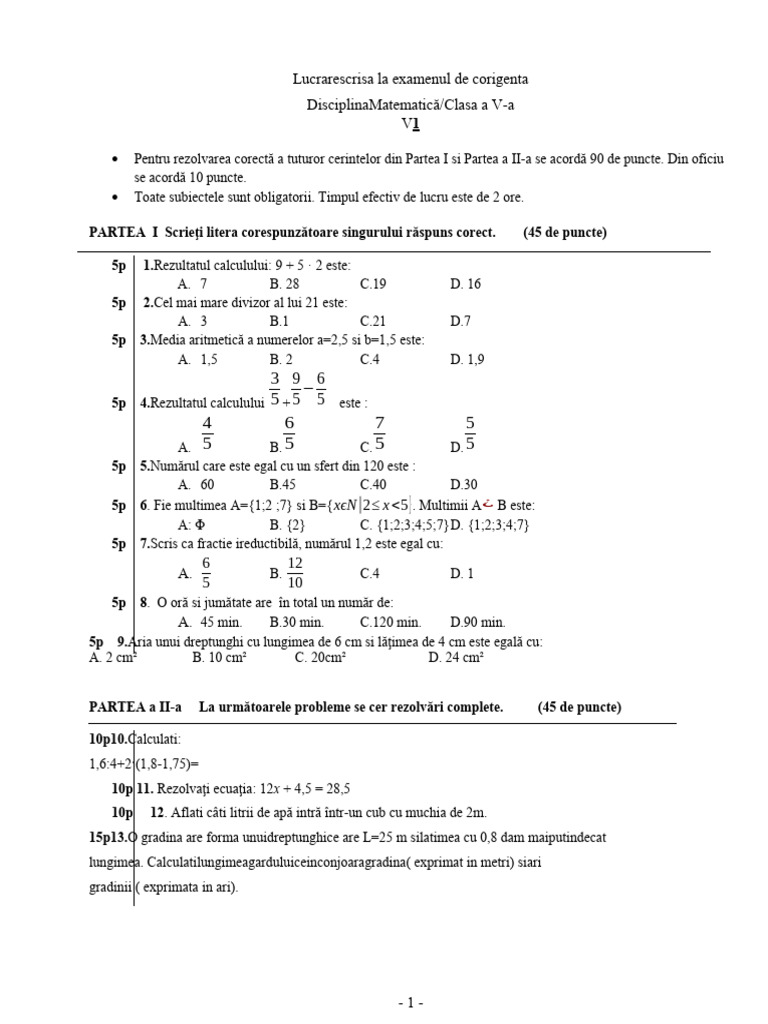 Subiecte Corigenta Cls V Mate | PDF