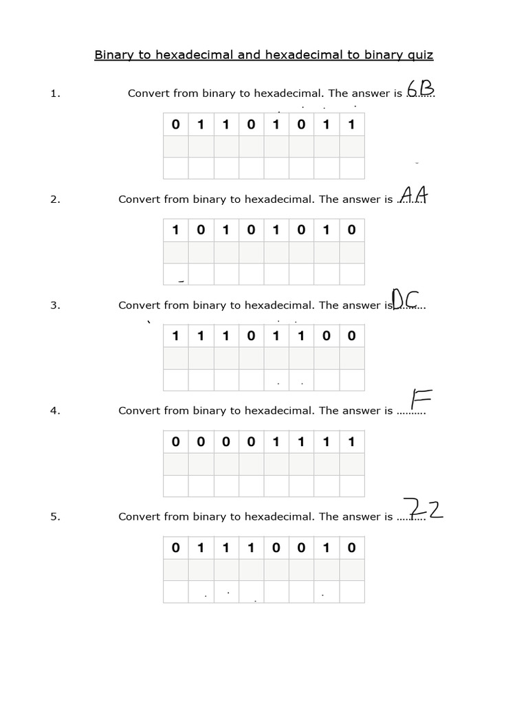 Binary to hexadecimal and hexadecimal to binary quiz pdf