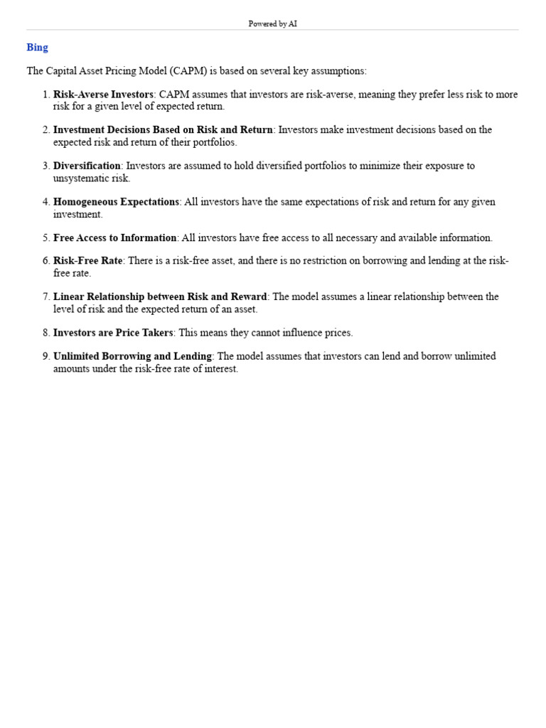 CAPM Key Assumptions Explained | PDF | Business | Finance & Money ...