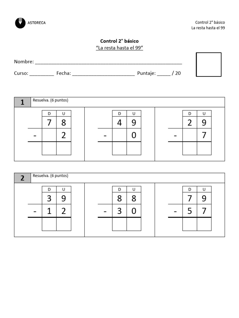 Control de Resta hasta el 99 para 2° Básico | PDF