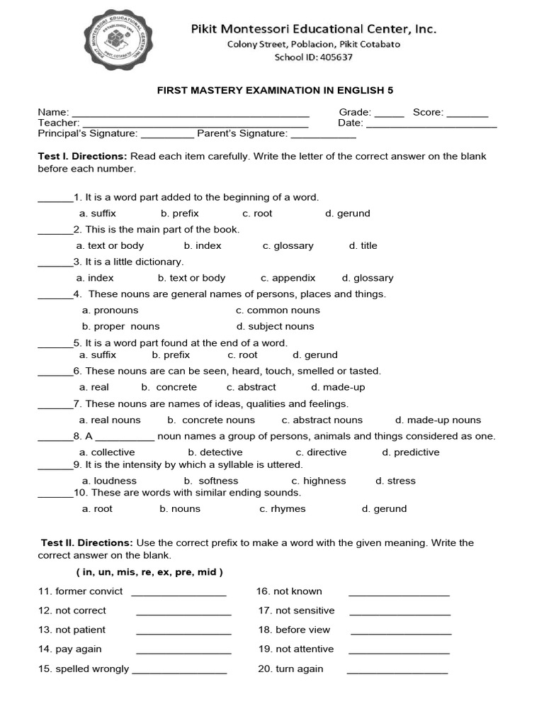 G5 1st Mastery Exam | PDF